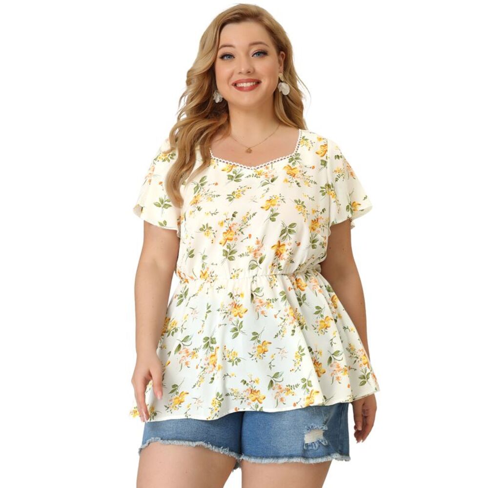 Plus Size Peplum Tops Women Flare Sleeve Sweetheart Neck Floral Blouses White - Picture 4 of 6